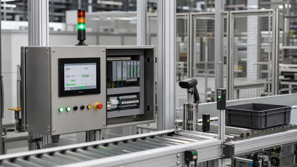 Industrial automation station with scanners, sensors, controller cabinet, and operator screen