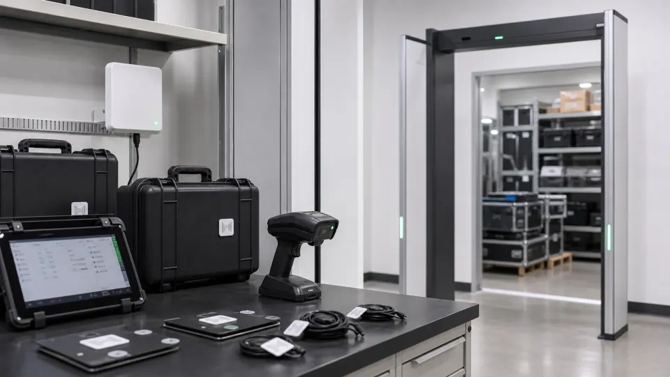 RFID reader, tagged equipment, fixed antenna, and inventory tablet