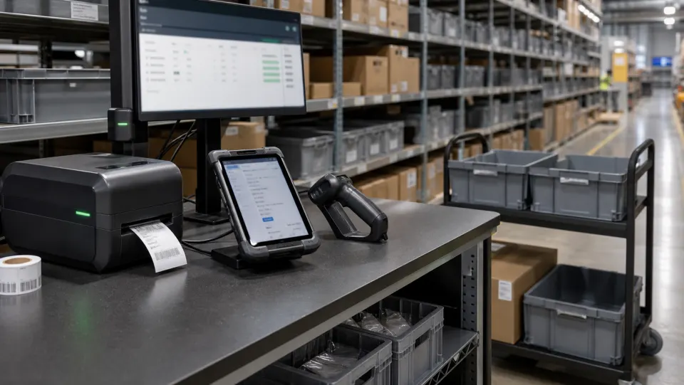 Warehouse scanner, bins, shelves, and inventory workstation for RFID inventory management